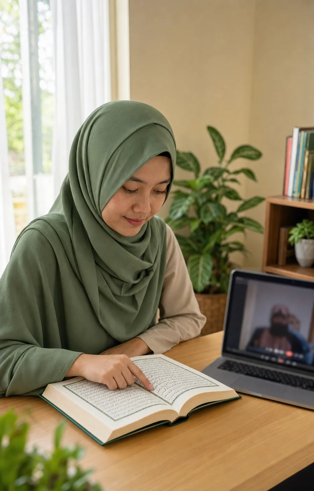 Perempuan dewasa Asia belajar membaca Al-Qur'an melalui kelas online di laptop